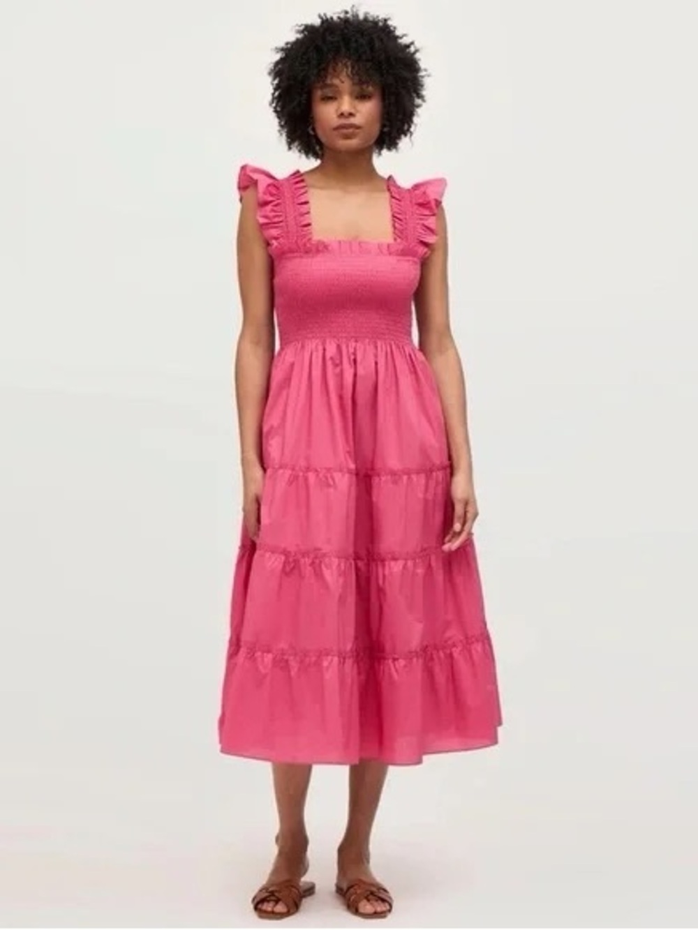 Hill House Pink Smocked Ruffle-Shoulder Midi Dress